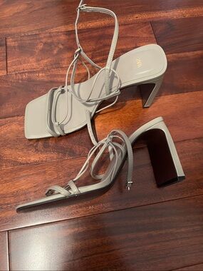 Zara Strappy Square-Toe Heeled Sandals in Sage Green